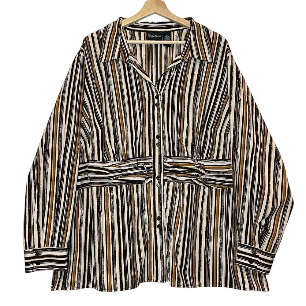 Maggie Barnes Women Shirt Blouse 28W Plus Size 3X Striped Button Top White Brown